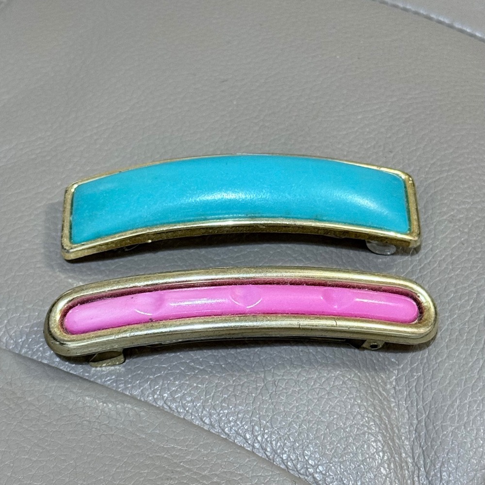 Vintage 80s Gold Tone Hair Barrette Set Turquoise Blue and Pink French Clips